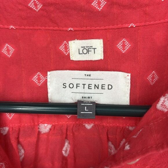 Loft Coral White Stitching Detail Full Button Up Collared Blouse Size Large - Picture 4 of 11